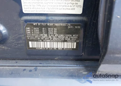 2010 Subaru Legacy 2.5I Premium z USA, uszkodzony, nr VIN 4S3BMCG63A3223917